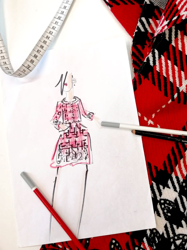 Modeskizze_Damenmode-karierter-Wollstoff-mit-Lochstickerei_Rathmann-Couture
