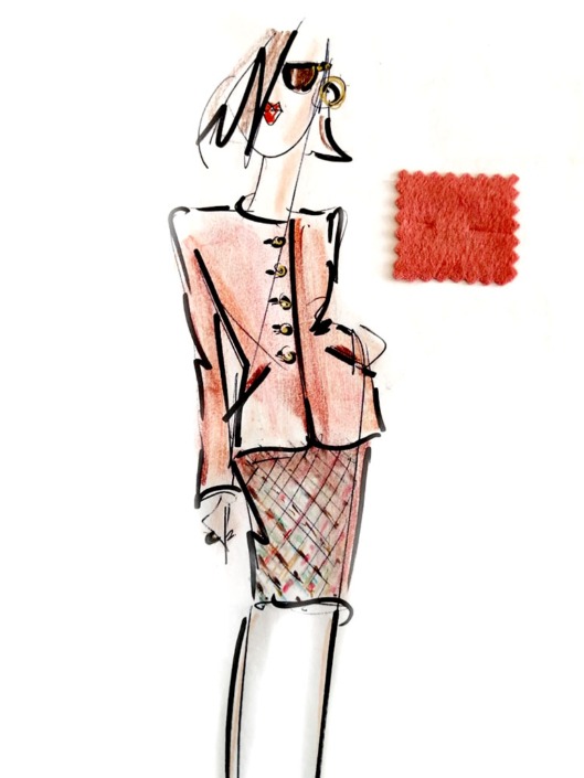 Damen-Kostüm in Lachsfarbe – Modeskizze by Rathmann Couture Maßanfertigung