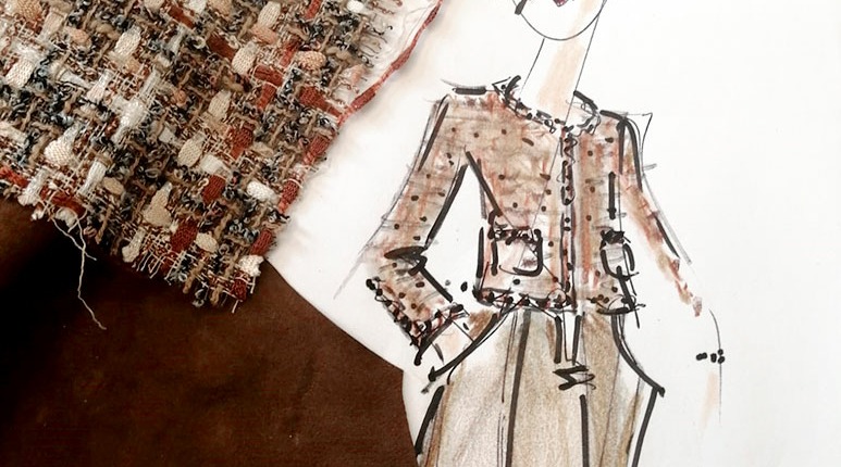 Massanfertigung-Tweed-Jacke-aus-Baendern-und-Garnen-in-braun-Modeskizze-Rathmann-Couture Tweed Jacke aus Bändern und Garnen in Braun- und Apricottönen mit aufgesetzten Taschen
