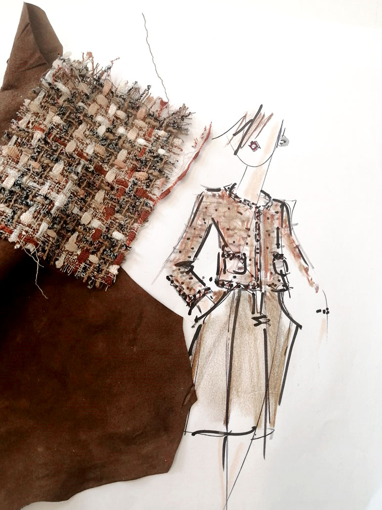 Massanfertigung-Tweed-Jacke-aus-Baendern-und-Garnen-in-braun-Modeskizze-Rathmann-Couture Tweed Jacke aus Bändern und Garnen in Braun- und Apricottönen mit aufgesetzten Taschen